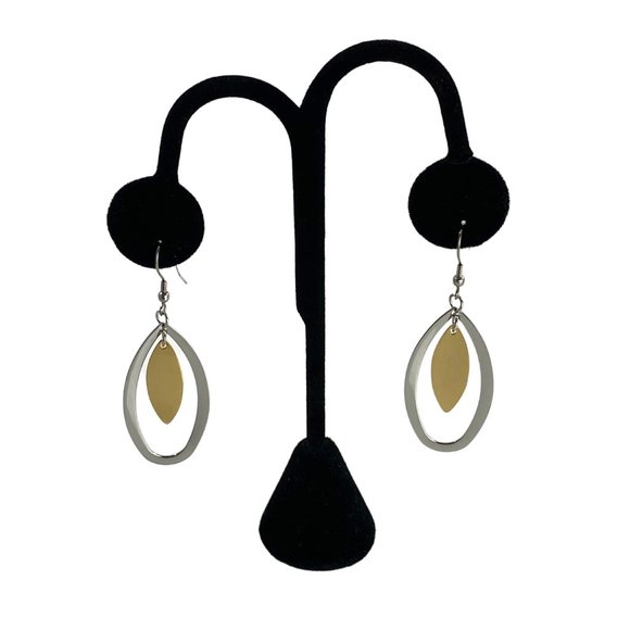 Stainless Steel Oval Drop Earrings Long Dangle - Picture 2 of 3